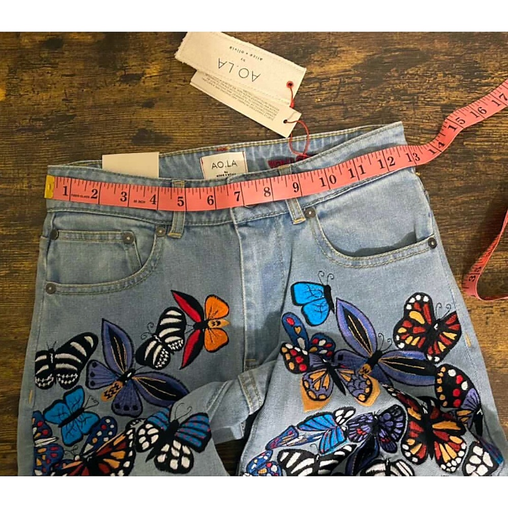 Alice + Olivia Beautiful Embroidered Butterfly Bell Jeans Pant - Picture 6 of 16